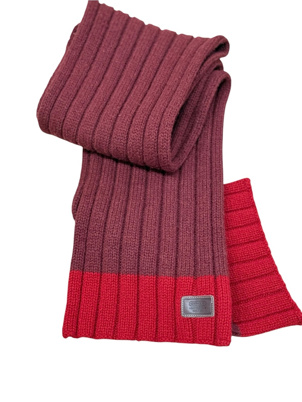 Coach 100% Wool Ribbed Scarf Burgundy Red Colorblock Preppy Leather Logo